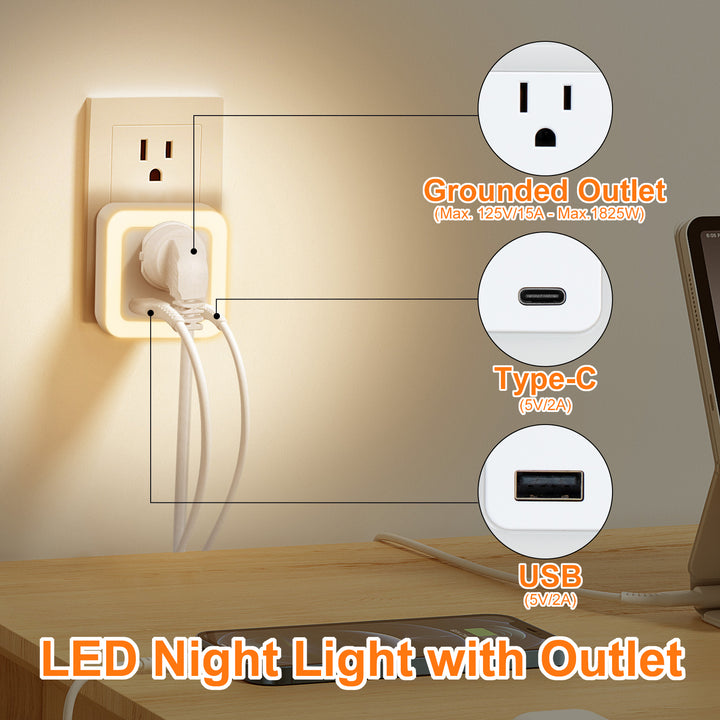 Luz nocturna inteligente de anochecer a amanecer con modo de emergencia: LED enchufable, brillo suave de 50 lúmenes, carga USB y tipo C, batería de respaldo para dormitorios y pasillos.