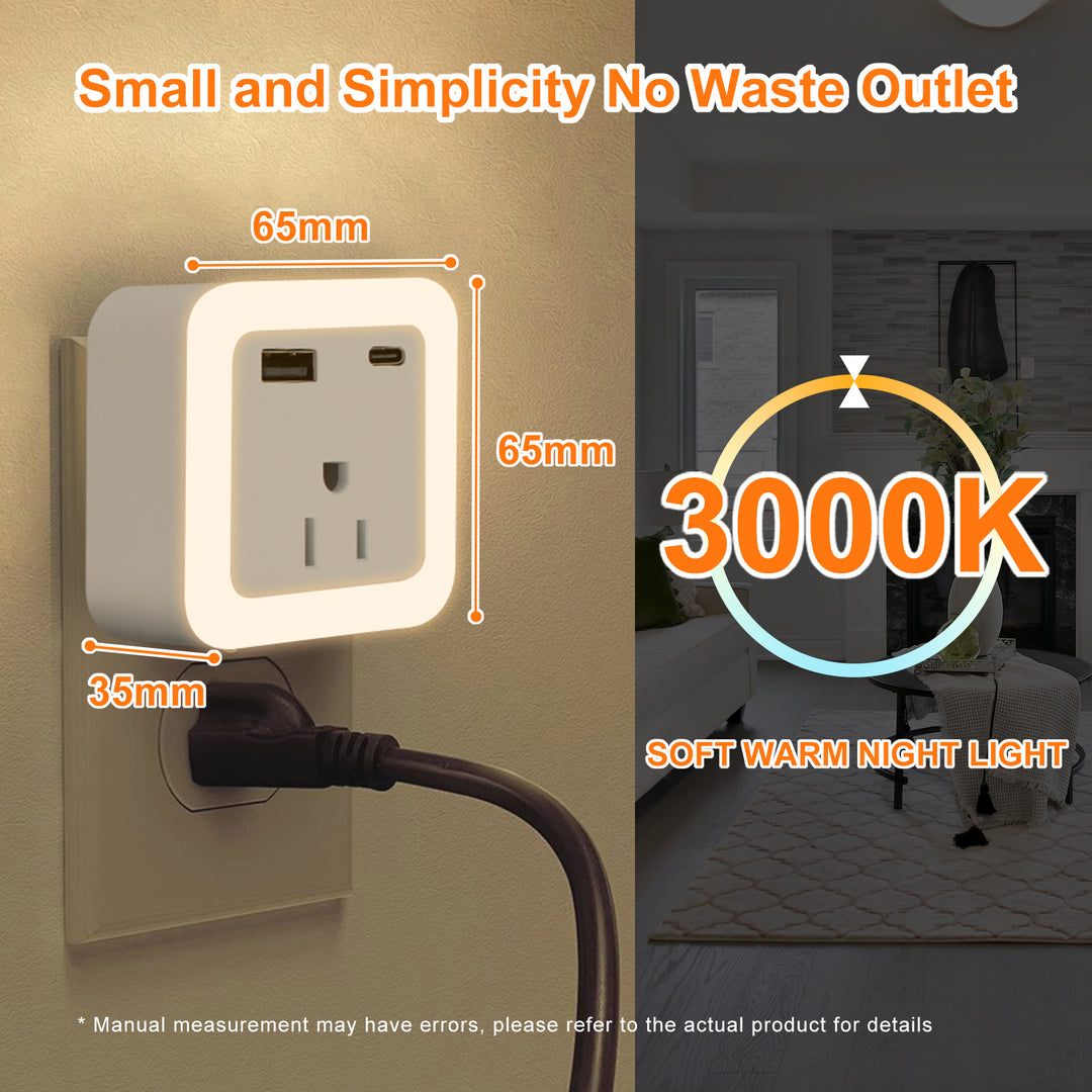Luz nocturna inteligente de anochecer a amanecer con modo de emergencia: LED enchufable, brillo suave de 50 lúmenes, carga USB y tipo C, batería de respaldo para dormitorios y pasillos.
