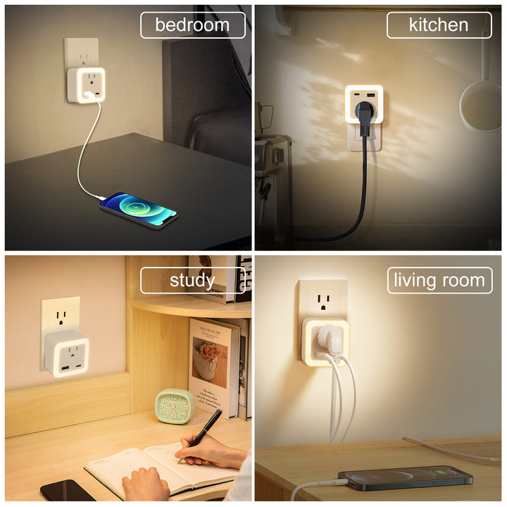Luz nocturna inteligente de anochecer a amanecer con modo de emergencia: LED enchufable, brillo suave de 50 lúmenes, carga USB y tipo C, batería de respaldo para dormitorios y pasillos.