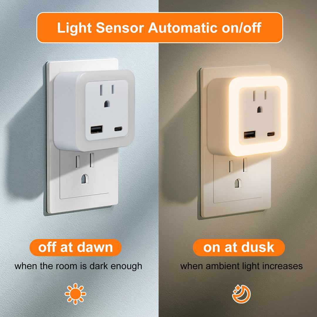 Luz nocturna inteligente de anochecer a amanecer con modo de emergencia: LED enchufable, brillo suave de 50 lúmenes, carga USB y tipo C, batería de respaldo para dormitorios y pasillos.