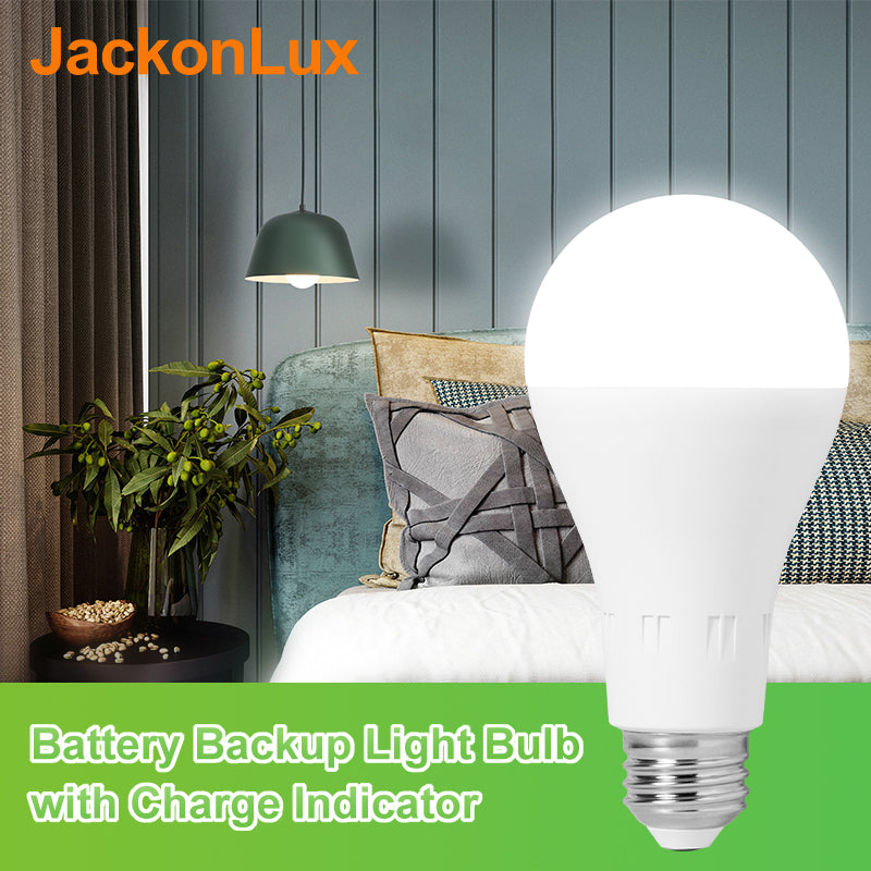 Bombilla LED de emergencia recargable JackonLux: funciona como luz normal y de respaldo durante cortes de energía, regulable, carga dual, uso portátil.