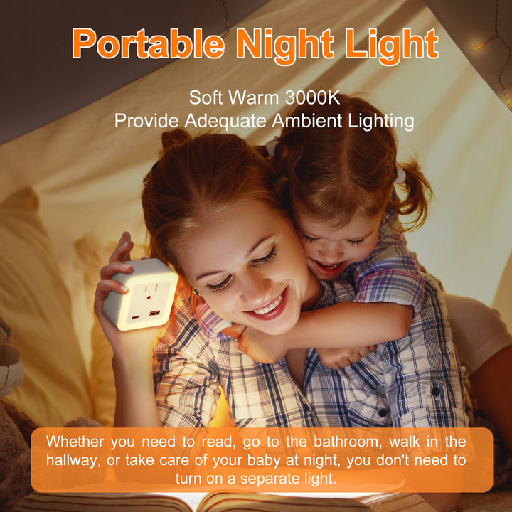 Luz nocturna inteligente de anochecer a amanecer con modo de emergencia: LED enchufable, brillo suave de 50 lúmenes, carga USB y tipo C, batería de respaldo para dormitorios y pasillos.