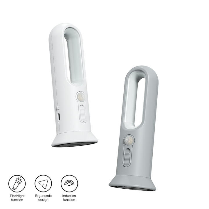 Lámpara LED recargable multimodo JackonLux: lámpara nocturna con sensor de movimiento, apagado automático a los 30 segundos, linterna con botón lateral, compacta y portátil.