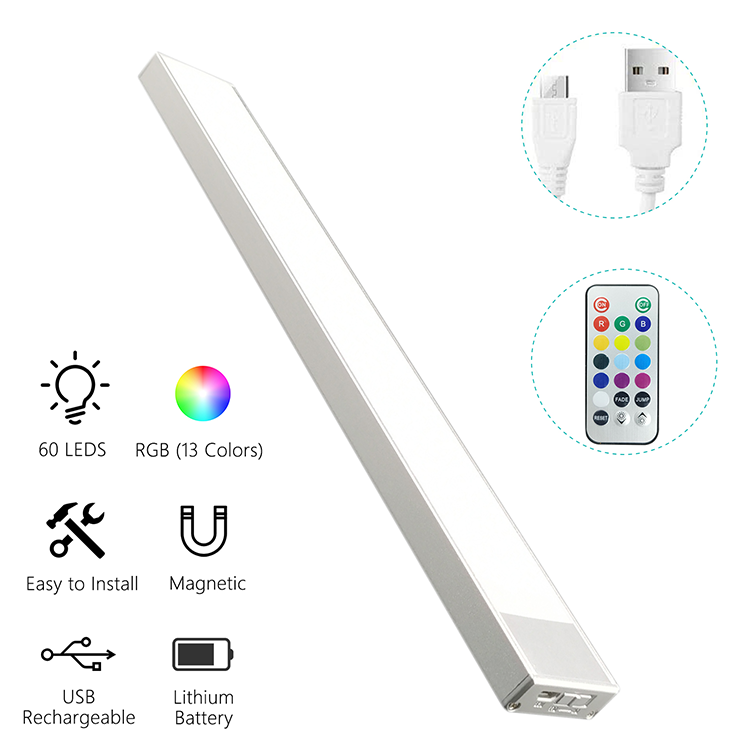 Lámpara de armario RGB recargable JackonLux: barra LED de 13 colores cambiantes, montaje magnético inalámbrico, instalación sin herramientas para una decoración acogedora.