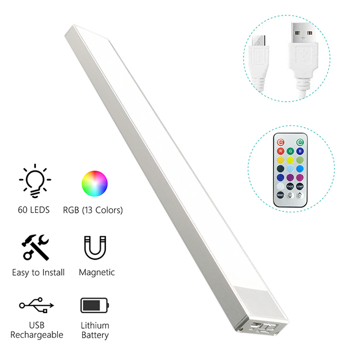 Lámpara de armario RGB recargable JackonLux: barra LED de 13 colores cambiantes, montaje magnético inalámbrico, instalación sin herramientas para una decoración acogedora.