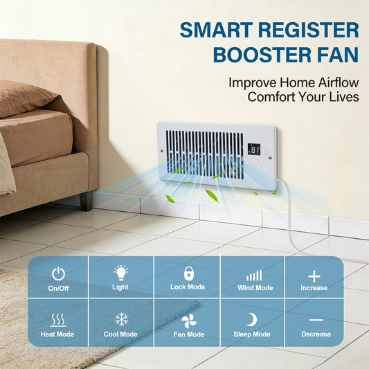 Jackonlux 4” x 10” White Register Booster Fan, Silent Airflow Enhancer for Heating & Cooling Vents, 10-Speed Adjustable Airflow