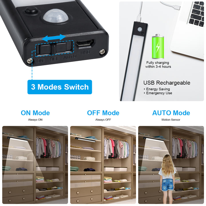 (4Pack) Ultra-Slim Rechargeable Motion Sensor Cabinet Light – No Drilling, 3 Adjustable Modes, Modern Aluminum Design for Smart Homes