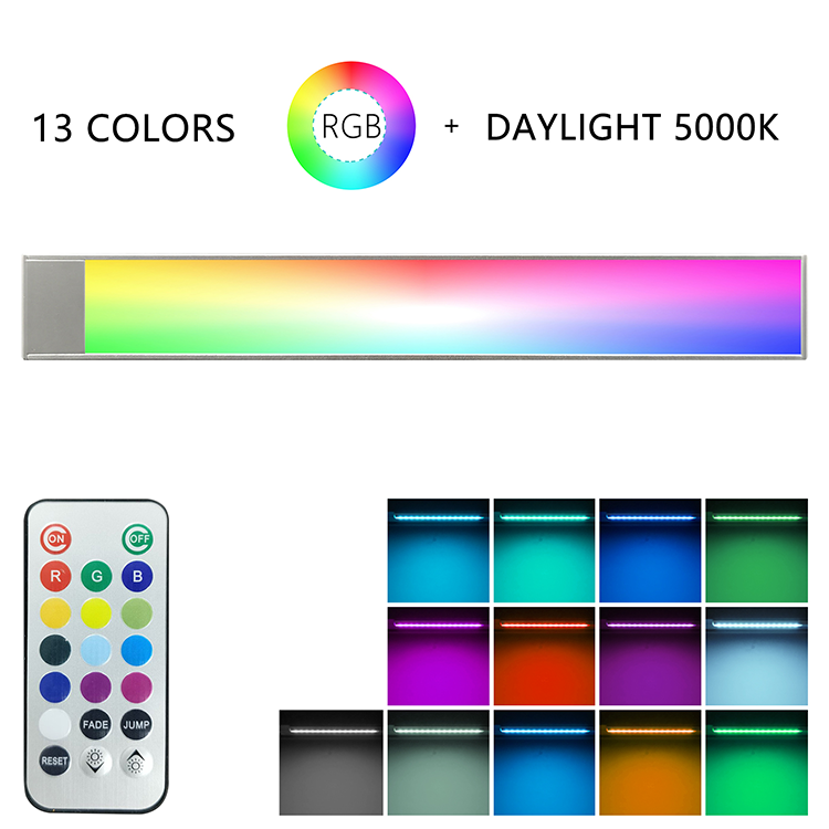 Lámpara de armario RGB recargable JackonLux: barra LED de 13 colores cambiantes, montaje magnético inalámbrico, instalación sin herramientas para una decoración acogedora.