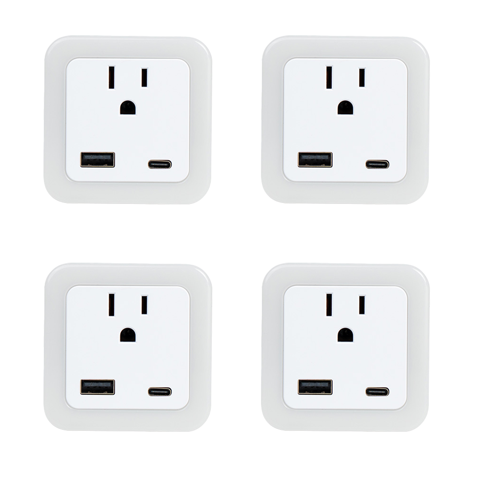 Luz nocturna inteligente de anochecer a amanecer con modo de emergencia: LED enchufable, brillo suave de 50 lúmenes, carga USB y tipo C, batería de respaldo para dormitorios y pasillos.