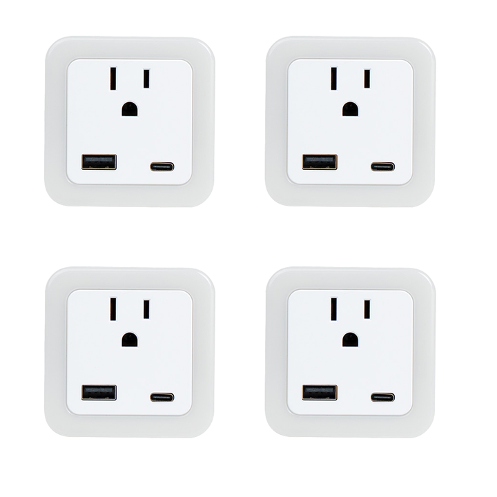 Luz nocturna inteligente de anochecer a amanecer con modo de emergencia: LED enchufable, brillo suave de 50 lúmenes, carga USB y tipo C, batería de respaldo para dormitorios y pasillos.