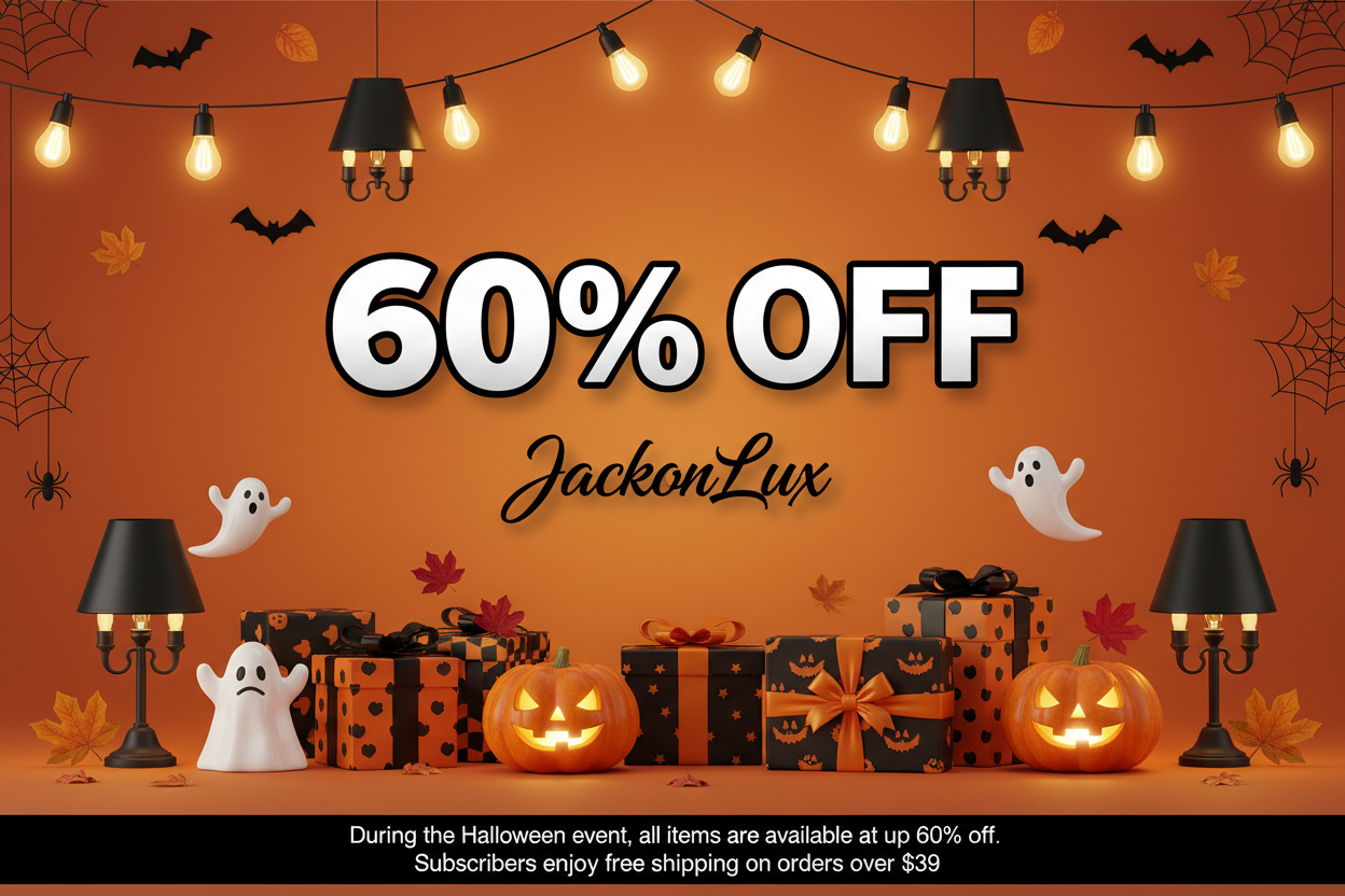 文字60%折扣和品牌Jackonlux居中,底色为橙色,万圣节氛围,有灯泡台灯这些礼物,底部有小字,写着During the Halloween event, all items are available at up to 60% off. Subscribers enjoy free shipping on orders over $39.