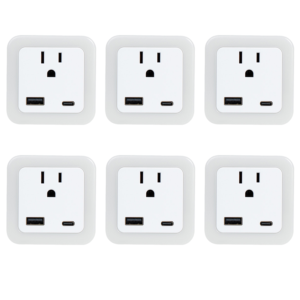 Luz nocturna inteligente de anochecer a amanecer con modo de emergencia: LED enchufable, brillo suave de 50 lúmenes, carga USB y tipo C, batería de respaldo para dormitorios y pasillos.