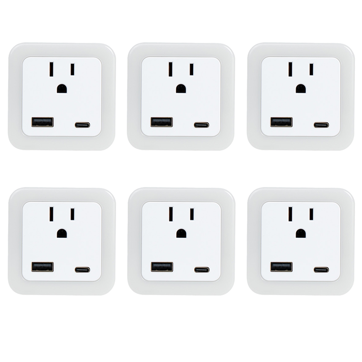 Luz nocturna inteligente de anochecer a amanecer con modo de emergencia: LED enchufable, brillo suave de 50 lúmenes, carga USB y tipo C, batería de respaldo para dormitorios y pasillos.