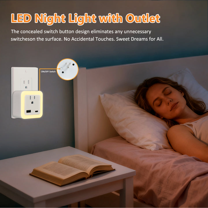 Luz nocturna inteligente de anochecer a amanecer con modo de emergencia: LED enchufable, brillo suave de 50 lúmenes, carga USB y tipo C, batería de respaldo para dormitorios y pasillos.