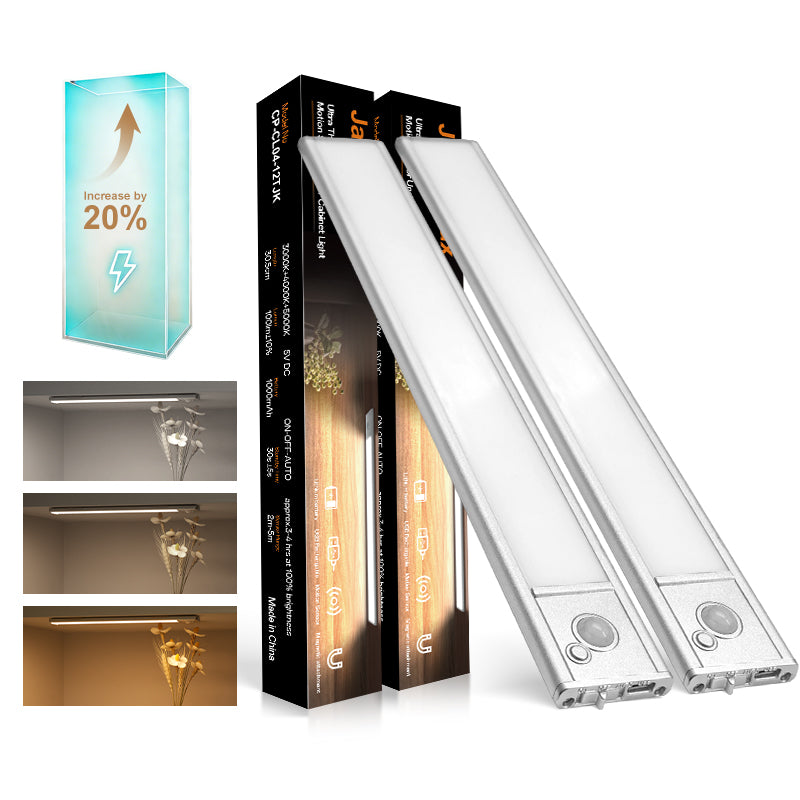 JackonLux Rechargeable Motion Sensor Under Cabinet Light - 12-inch Ultra Thin LED Closet Light, 3 Color Temperatures & Dimmable