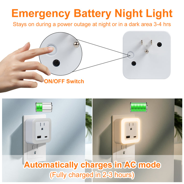 Luz nocturna inteligente de anochecer a amanecer con modo de emergencia: LED enchufable, brillo suave de 50 lúmenes, carga USB y tipo C, batería de respaldo para dormitorios y pasillos.