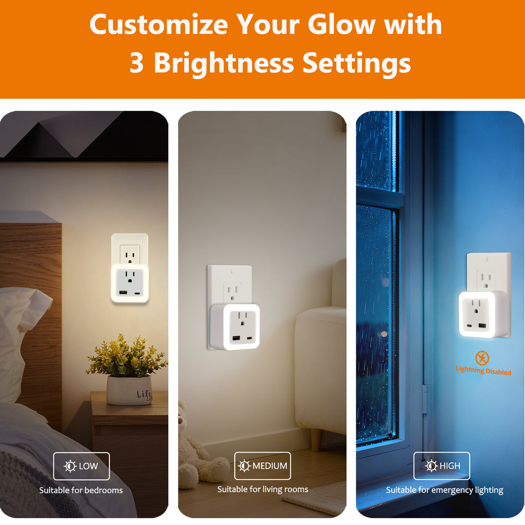 Luz nocturna inteligente de anochecer a amanecer con modo de emergencia: LED enchufable, brillo suave de 50 lúmenes, carga USB y tipo C, batería de respaldo para dormitorios y pasillos.