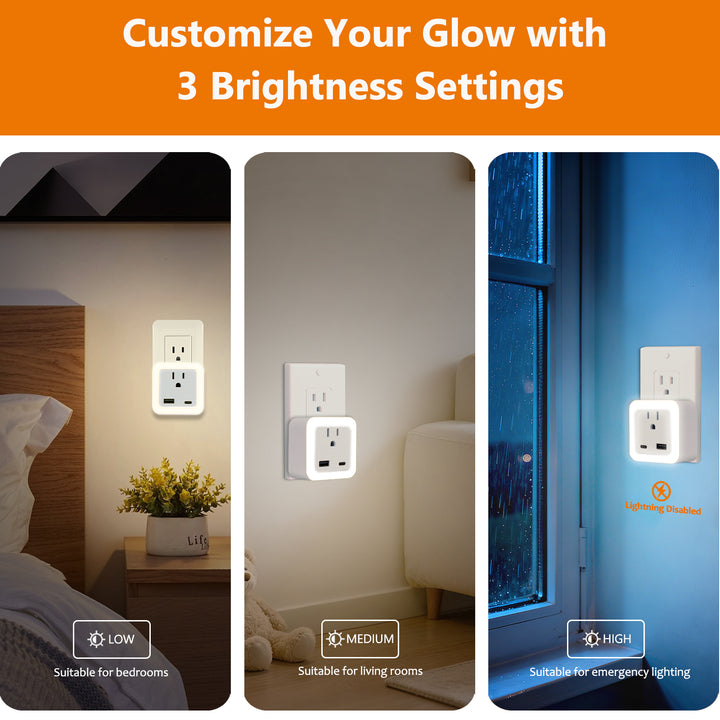 Luz nocturna inteligente de anochecer a amanecer con modo de emergencia: LED enchufable, brillo suave de 50 lúmenes, carga USB y tipo C, batería de respaldo para dormitorios y pasillos.