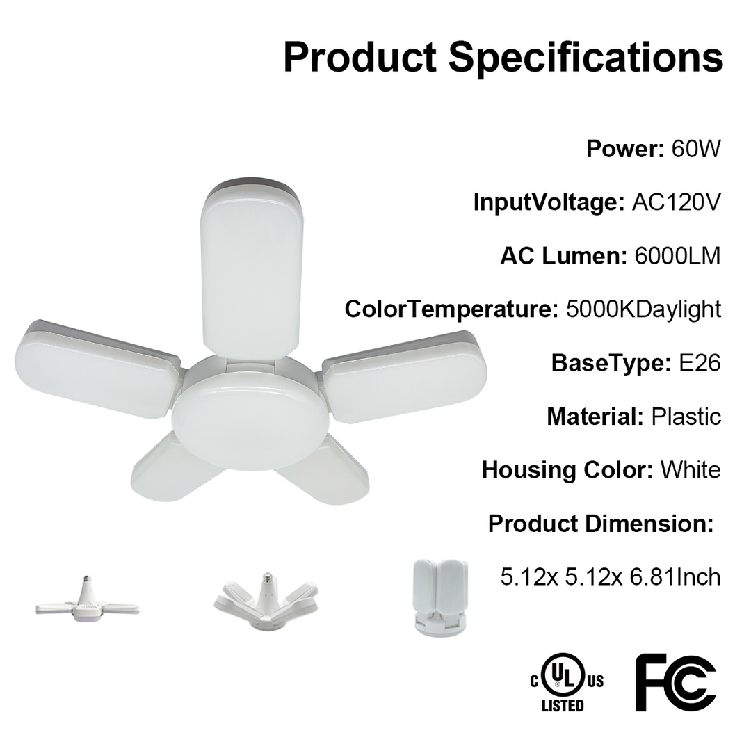 60W LED Garage Light | 6000LM, E26/E27 Base, 5000K, Adjustable 90° Arms | JackonLux