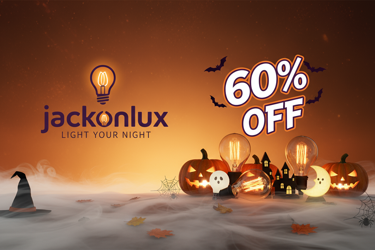 有一个橙色底色的jackonlux logo 居中靠左侧，另外一边是要有60%的折扣优惠数字，图片氛围是万圣节，并且有灯泡台灯这些产品礼物
