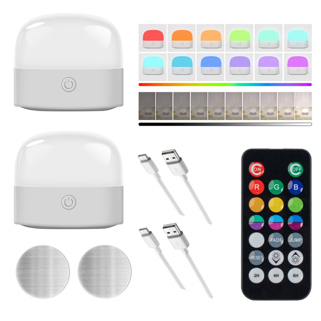2-Pack Rechargeable Puck Lights with Remote - Wireless Magnetic LED Wall Sconce, 13 RGB Colors, Dimmable Under Cabinet Lighting with Timer & Type-C