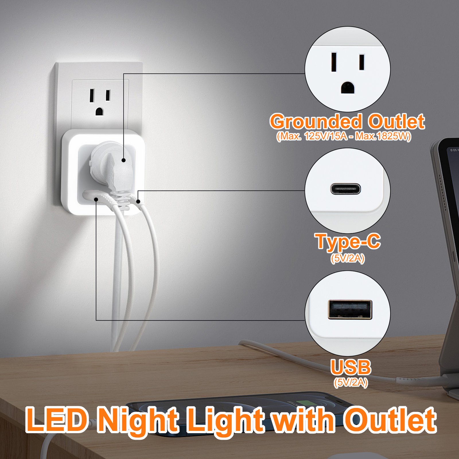 Plug-in Night Light with Outlet Extender & USB Ports - Image 4