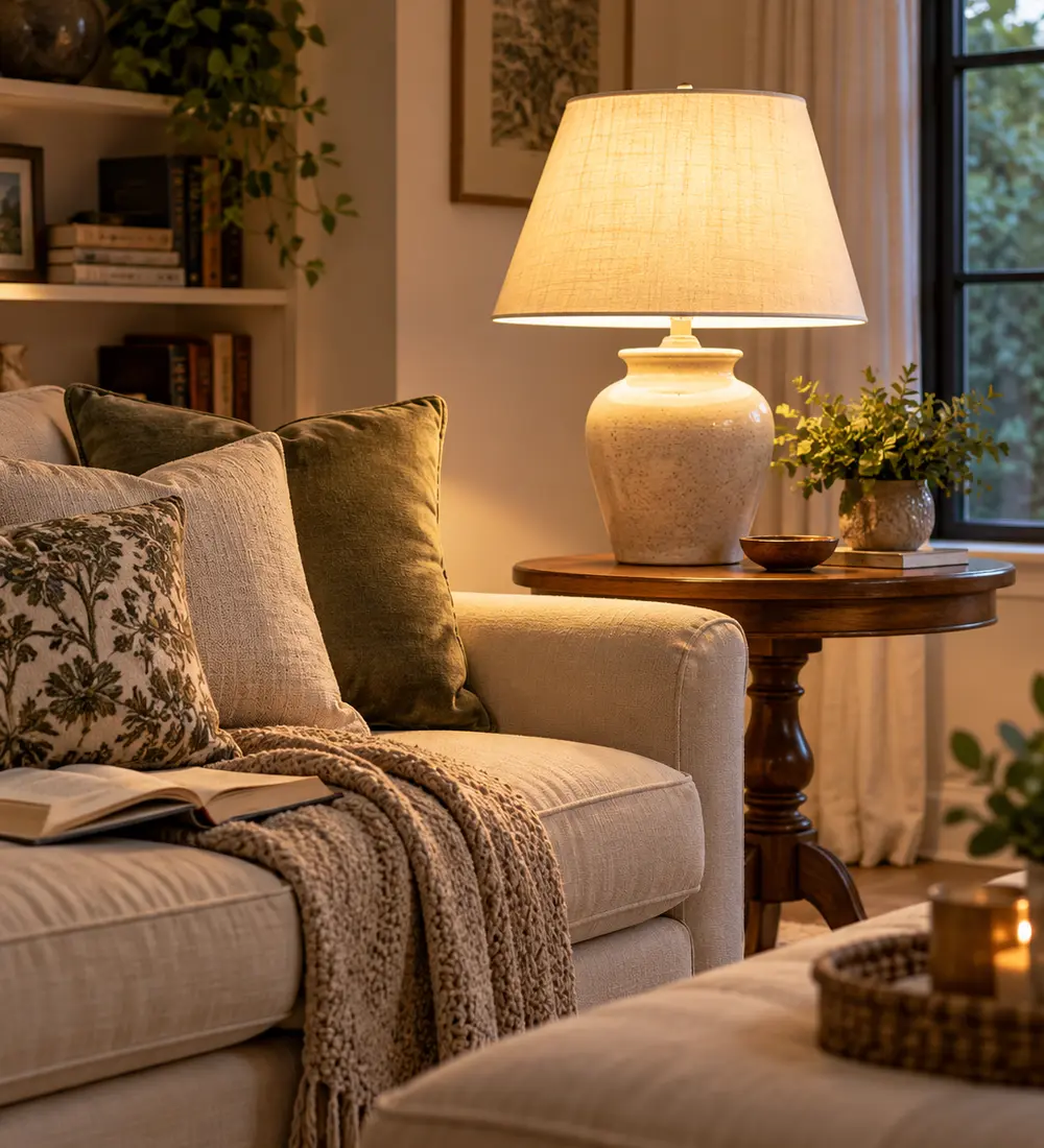 Warm decorative table lamp in a comfortable living room