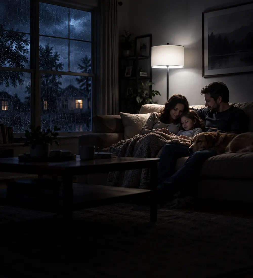 Family using reliable emergency lighting during a storm