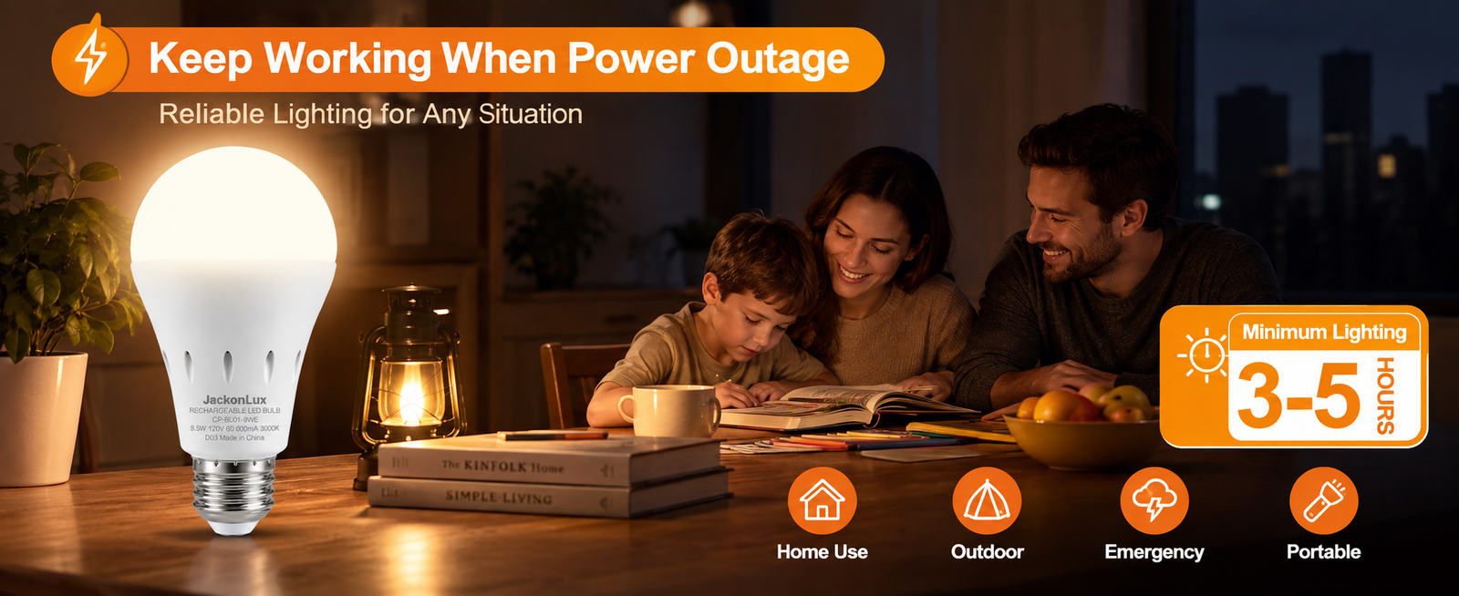 JackonLux rechargeable emergency light bulb providing backup illumination during a household power outage