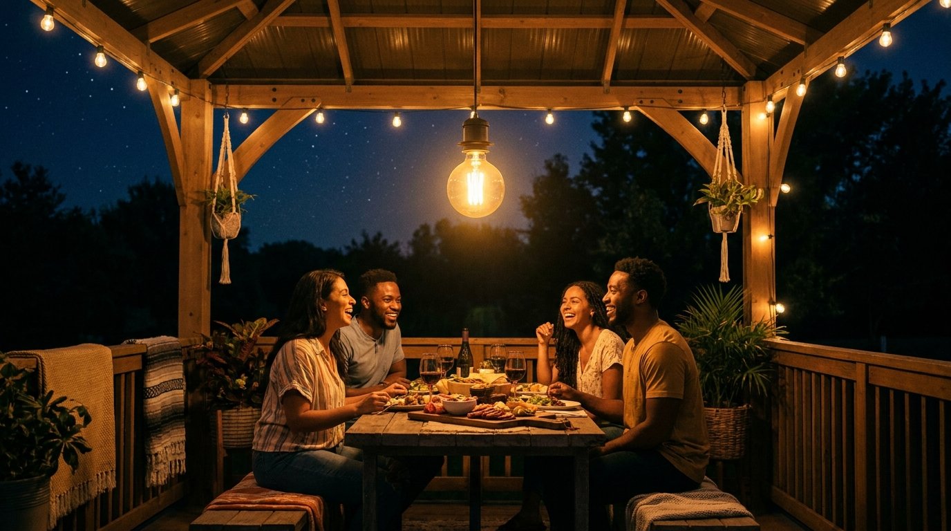 Friends enjoying a warm illuminated gazebo at night powered by solar pendant lights