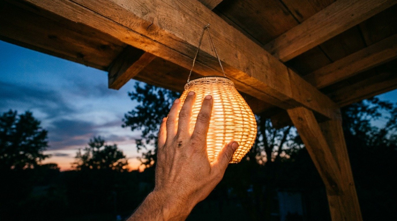 Close up handheld shot of a person turning on a solar pendant light outdoors