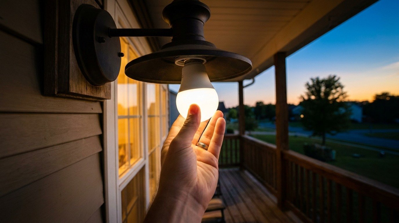 POV shot screwing an LED bulb into a porch fixture