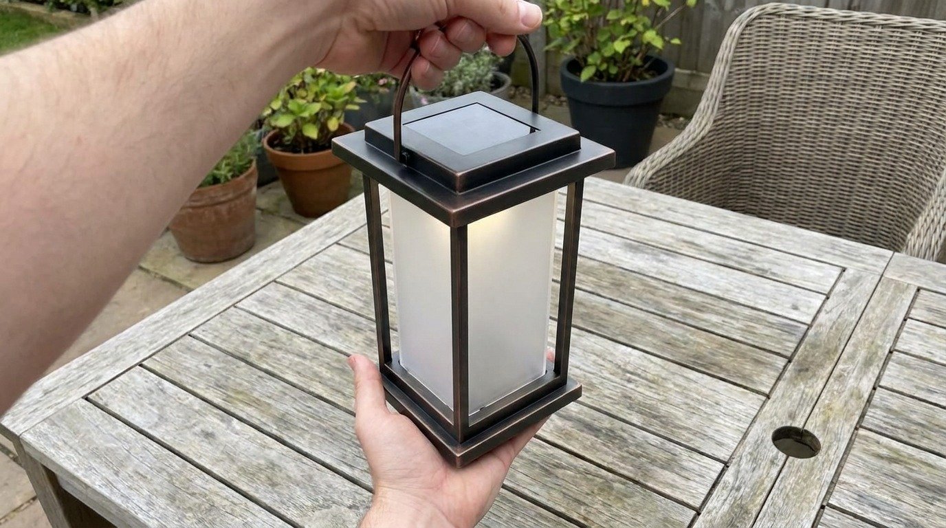 Handheld POV shot holding a Jackonlux solar pendant light over an outdoor table