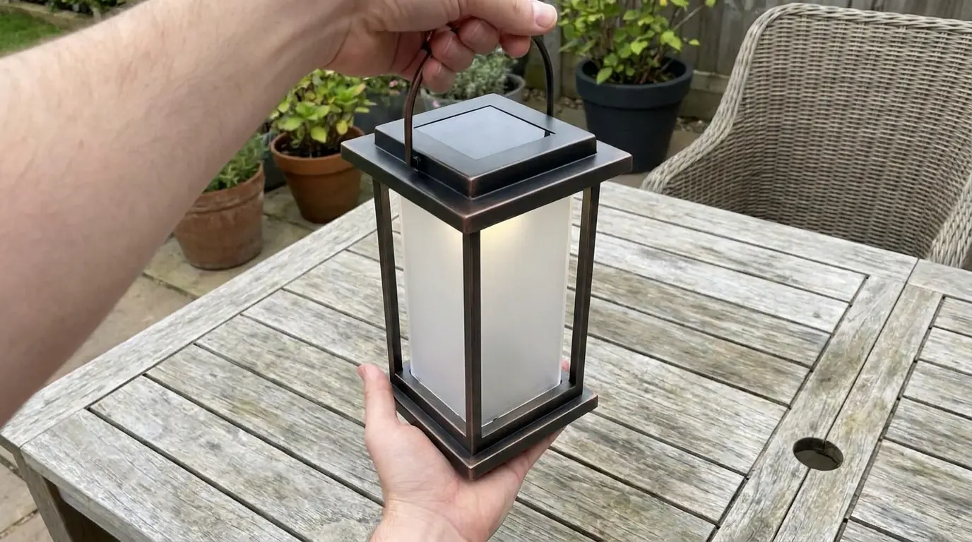 Handheld POV shot holding a Jackonlux solar pendant light over an outdoor table