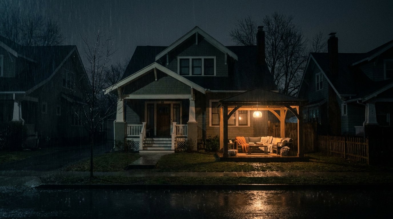 Jackonlux solar pendant light illuminating a backyard gazebo during a neighborhood blackout