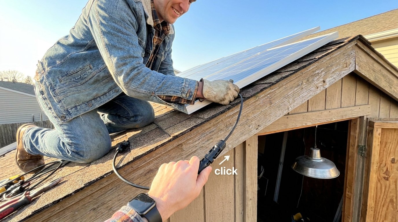 Easy DIY installation of Jackonlux solar pendant light on a shed roof