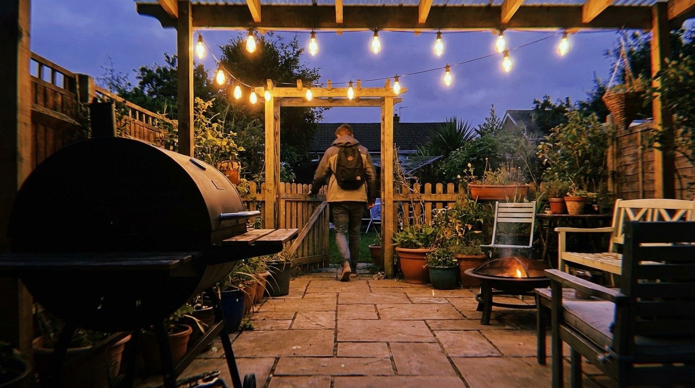 Handheld style shot of a cozy backyard patio at dusk with solar pendant lights