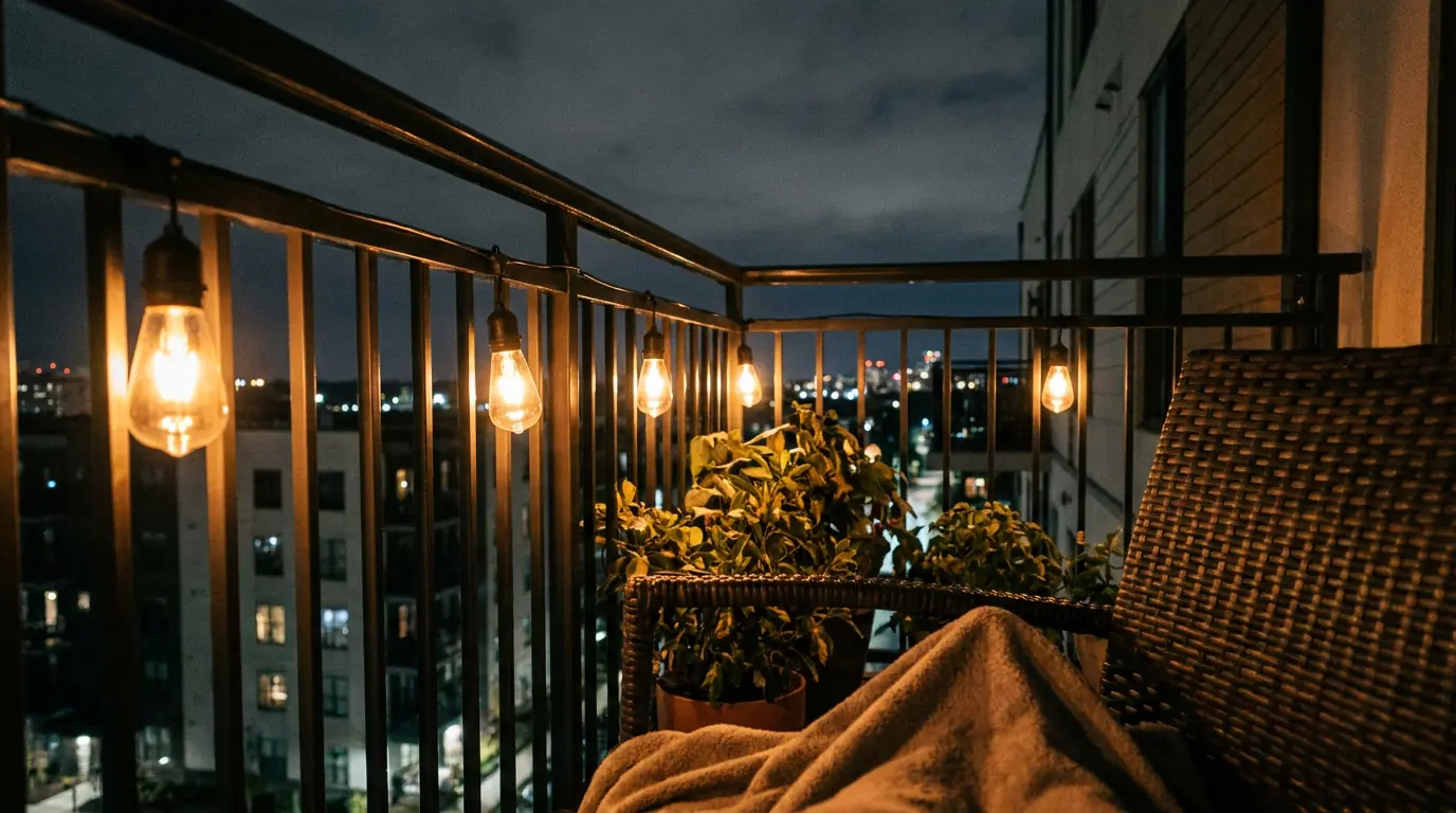 Handheld shot relaxing on a patio lit by solar pendant lights at night