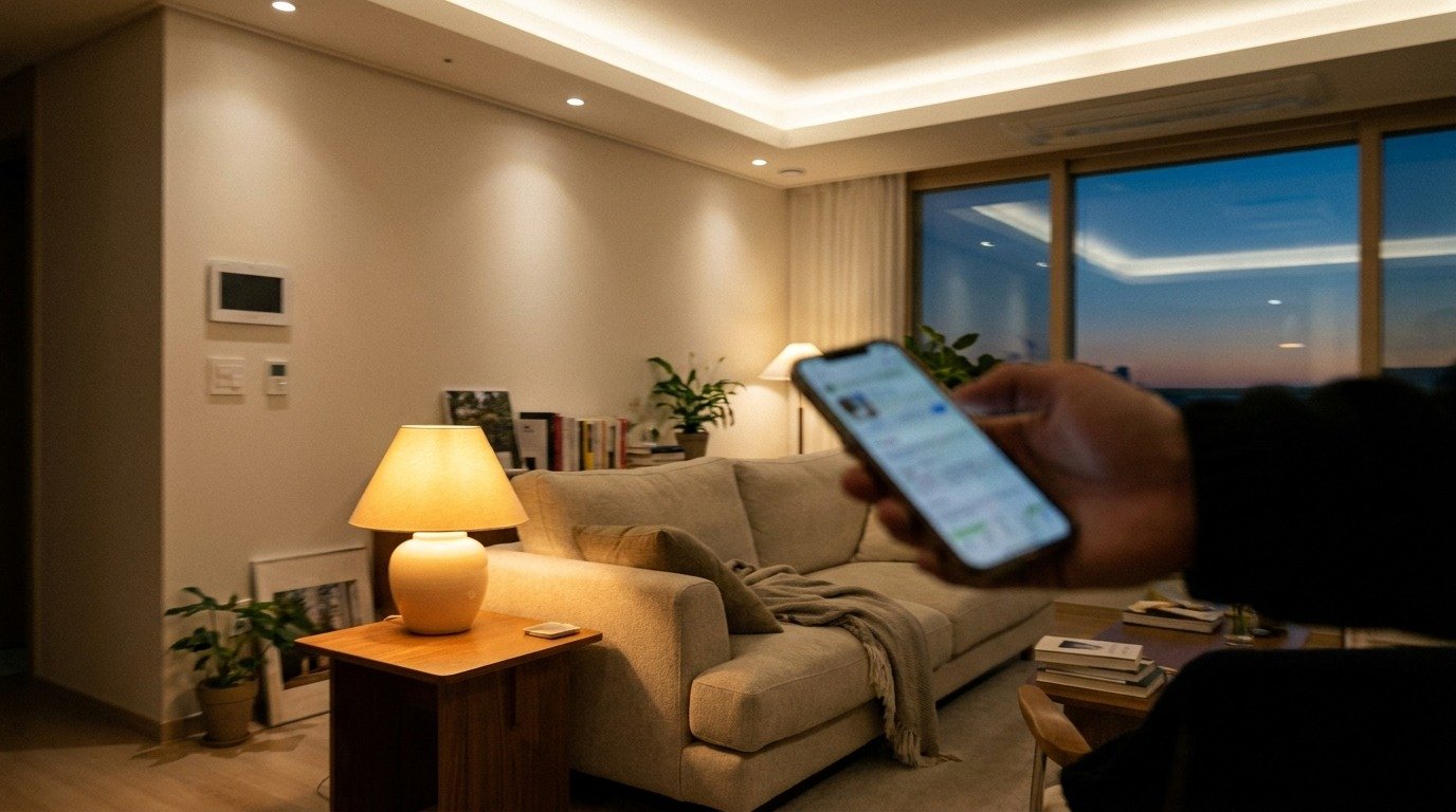 POV handheld shot of a living room with layered lighting, showing a table lamp and overhead ambient light