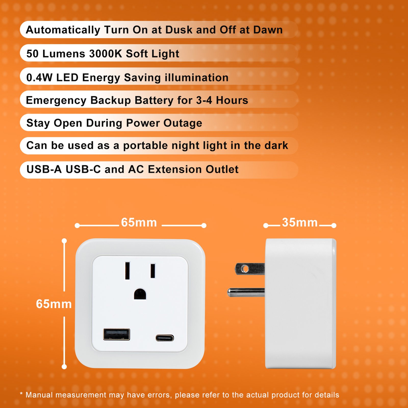 Plug-in Night Light with Outlet Extender & USB Ports - Image 2