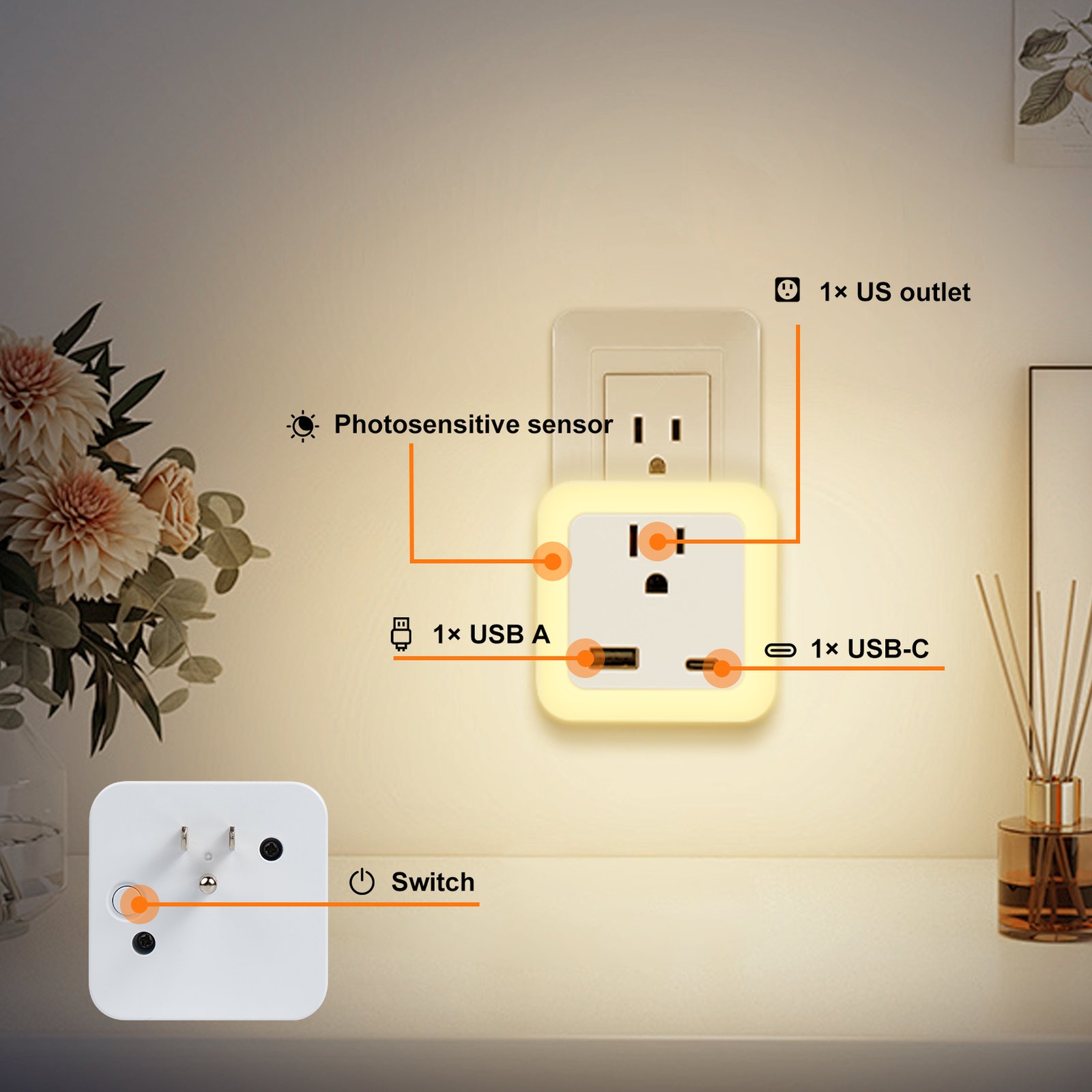 Plug-in Night Light with Outlet Extender & USB Ports - Image 6