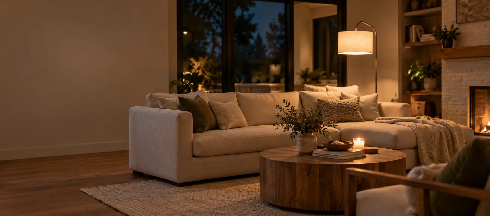 Warm modern living room illuminated by JackonLux lighting