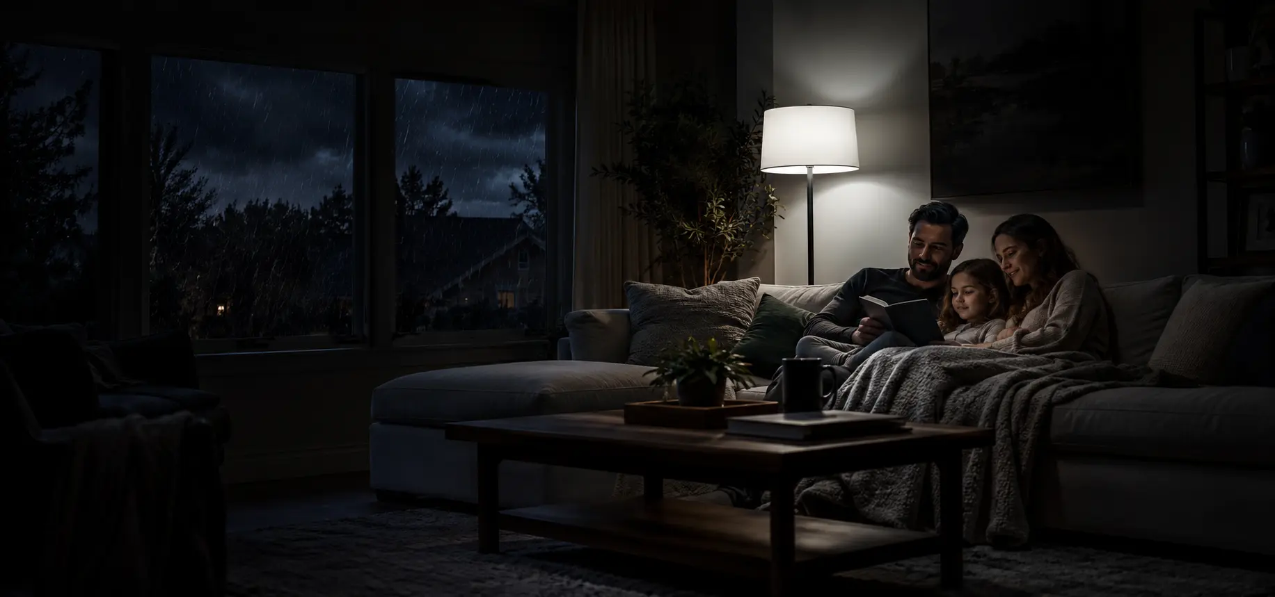 Family comfortable at home with emergency lighting during a storm