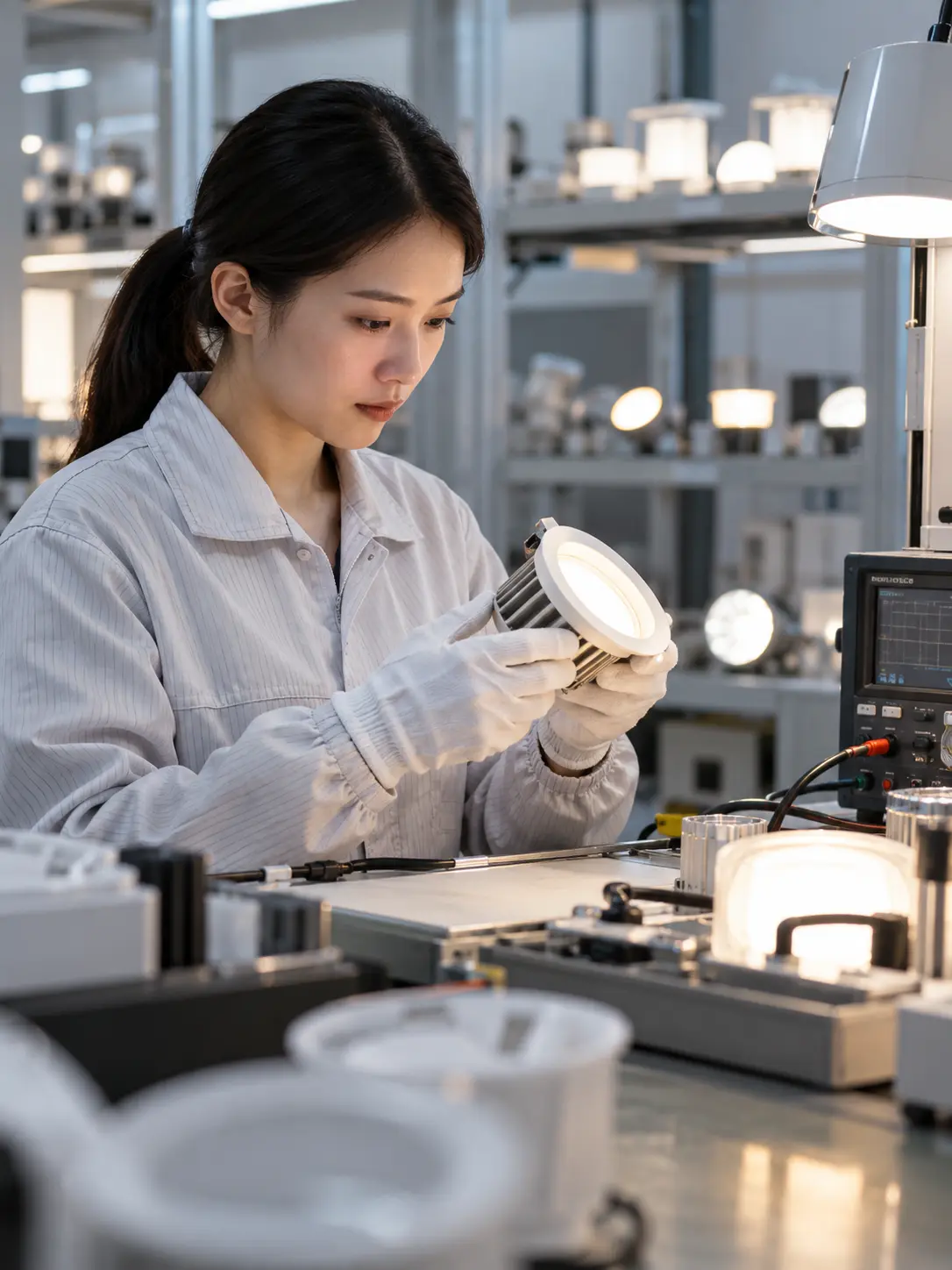 JackonLux technician inspecting an LED light in the testing lab