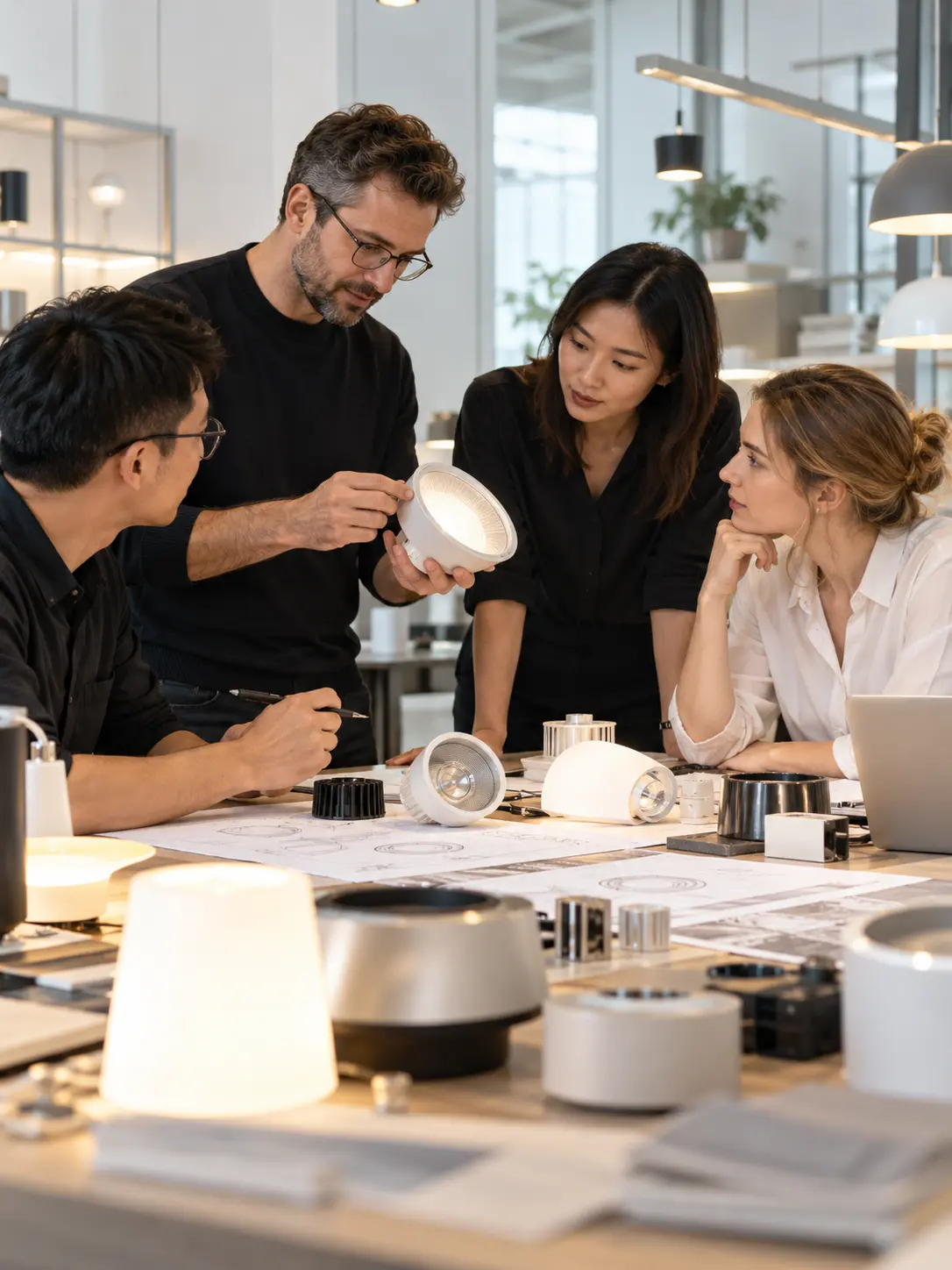 JackonLux lighting team reviewing an LED fixture design