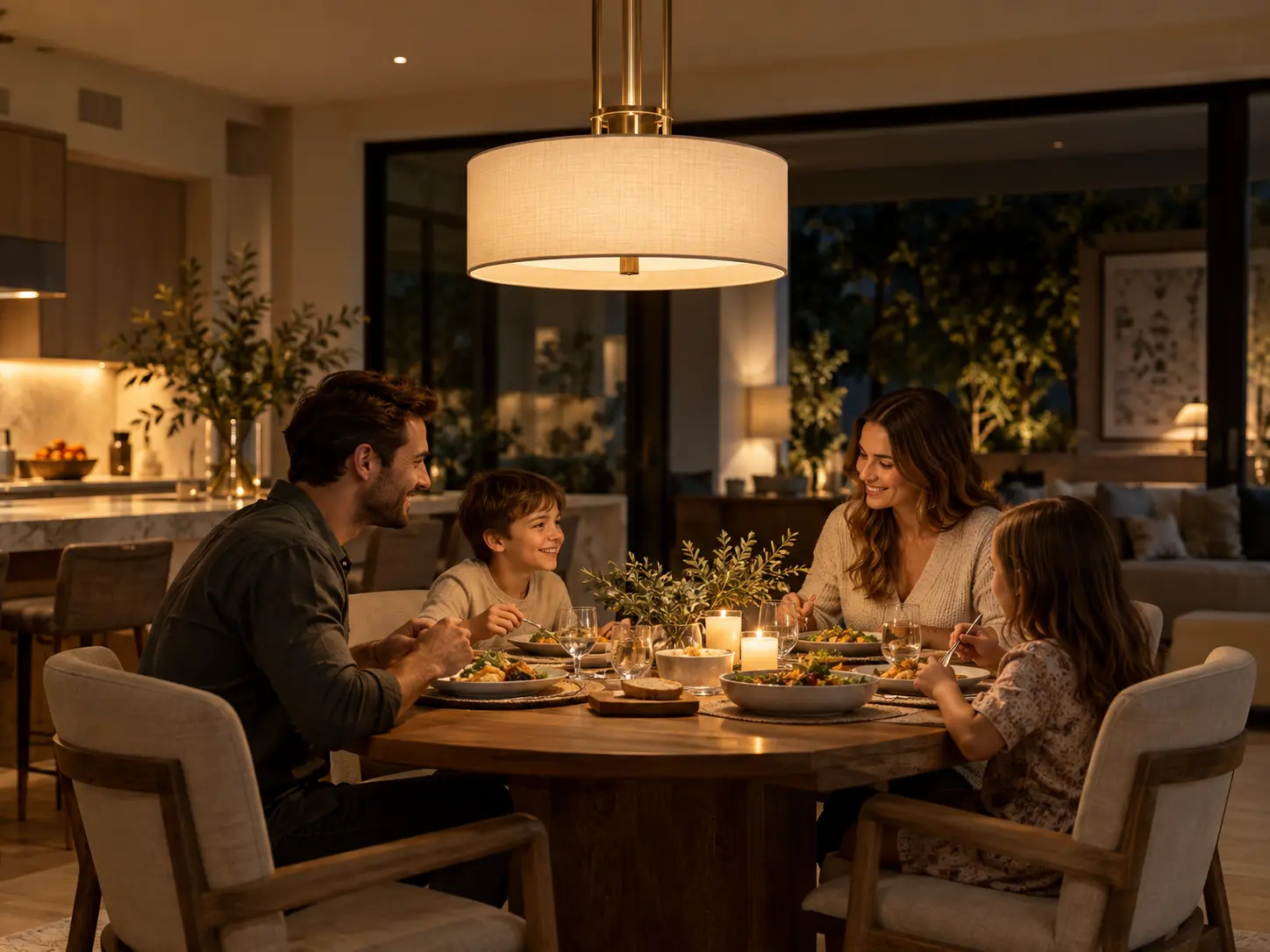 Family sharing dinner beneath warm home lighting