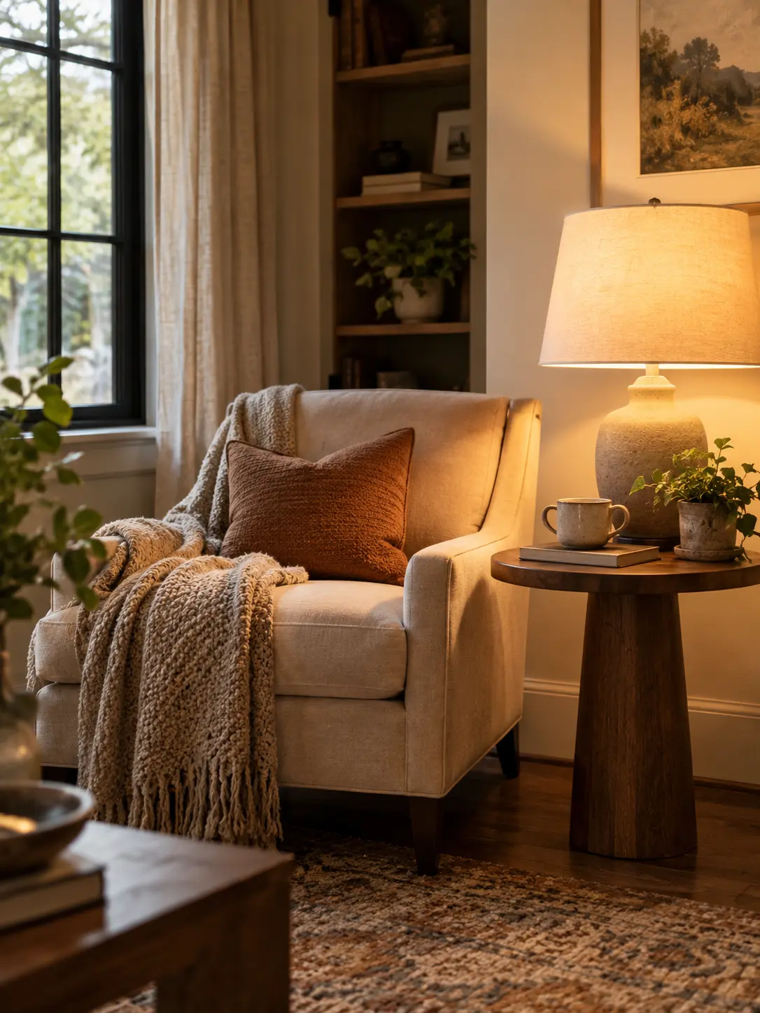 Comfortable reading corner with warm task lighting