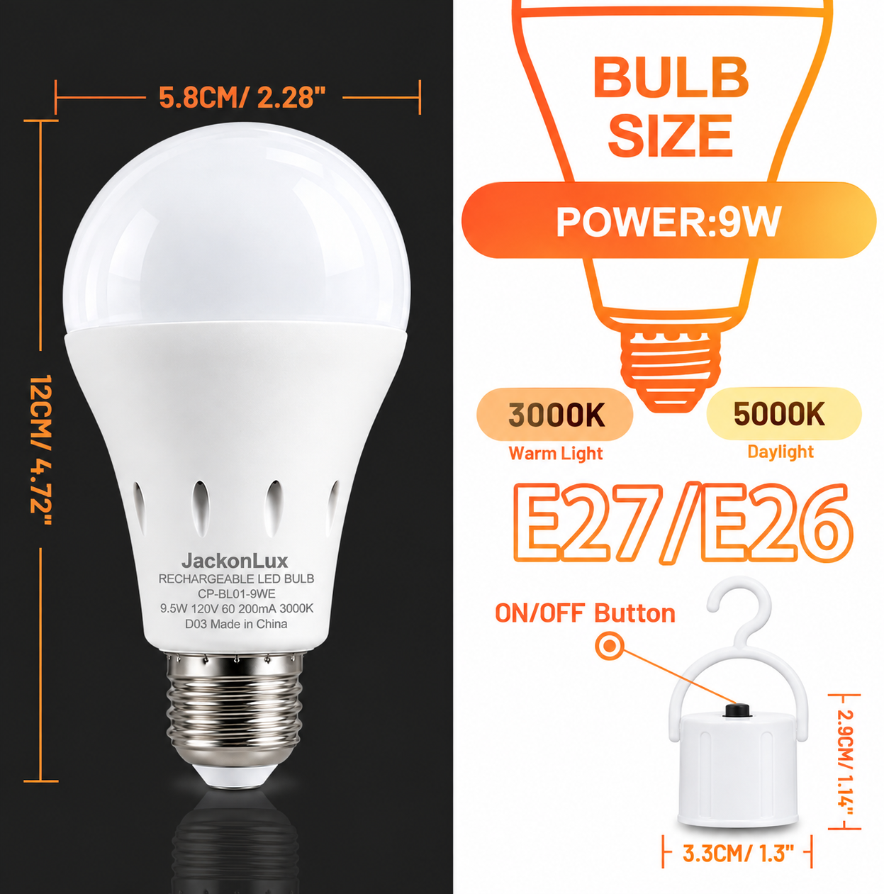 JackonLux 9W Rechargeable Emergency Light Bulb Dimensions and E26 E27 Base Compatibility