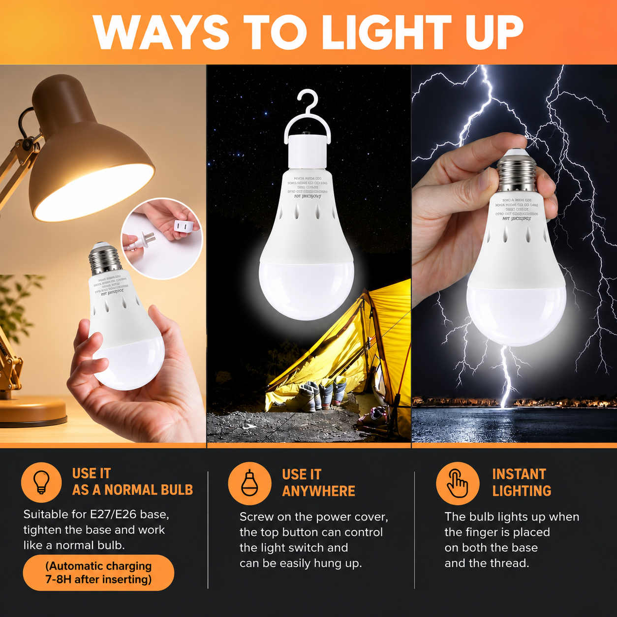 How to Turn on Rechargeable Bulb: Socket, Hanging Cap with Hook, and Touch by Fingers
