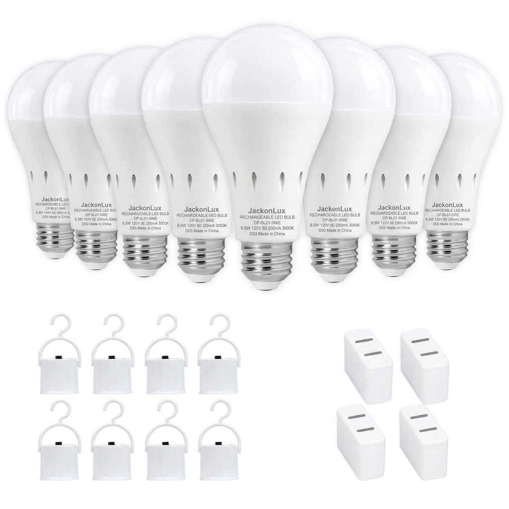 JackonLux 8 Pack Rechargeable Emergency LED Light Bulbs for Power Outage and Hurricane Preparedness